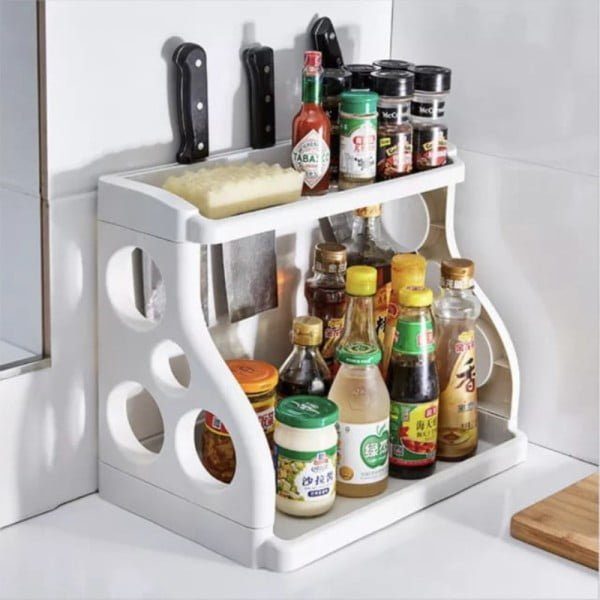Raft condimente, Quasar & Co.®, etajera cu 2 polite, 4 carlige agatare, plastic, 38 x 24,5 x 31,5 cm, alb - imagine 3