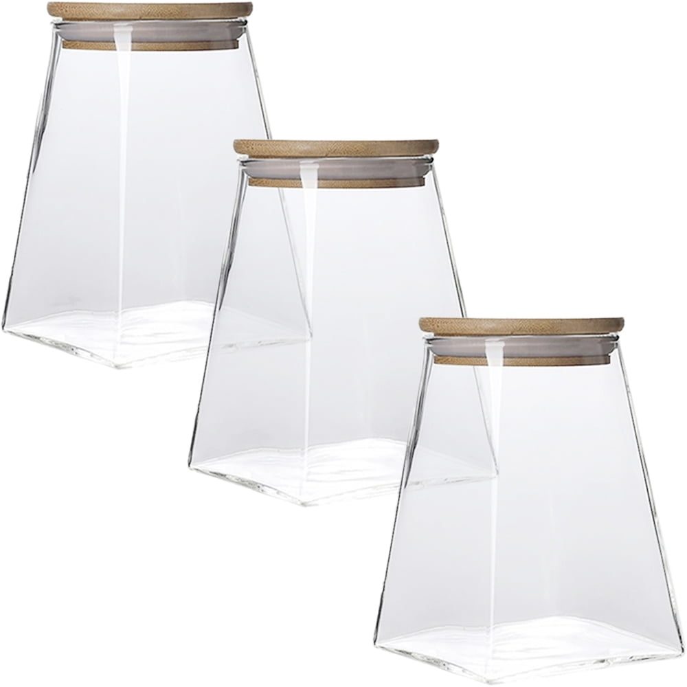 Set 3 recipiente depozitare alimente cu capac bambus, Quasar & Co.®, borcan etans, piramidal, sticla, 500 ml, transparent 2