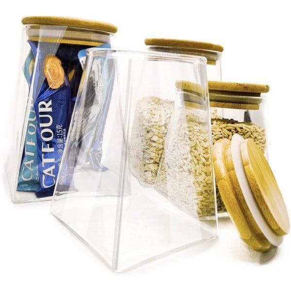 Set 3 recipiente depozitare alimente cu capac bambus, Quasar & Co.®, borcan etans, piramidal, sticla, 500 ml, transparent - imagine 4