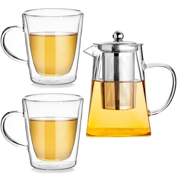 Set ceainic cu 2 cani, Quasar & Co.®, Tea Time, cu infuzor, capac si 2 cani cu pereti dubli, 750 ml/2 x 250 ml, transparent - imagine 3