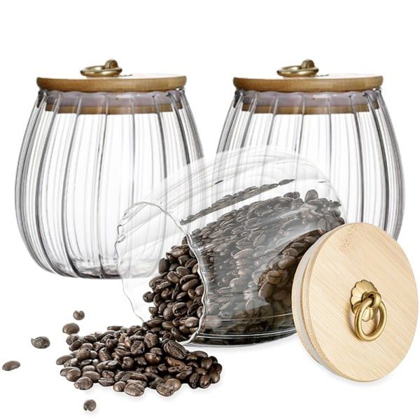 Set 3 recipiente cu capac bambus Quasar & Co.®., model rotund, agatatoare finisaj auriu/vintage, borcane cu capac etans, sticla/bambus, 750 ml, transparent - imagine 3