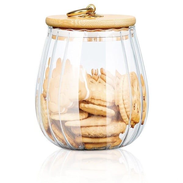 Set 3 recipiente cu capac bambus Quasar & Co.®., model rotund, agatatoare finisaj auriu/vintage, borcane cu capac etans, sticla/bambus, 750 ml, transparent - imagine 4