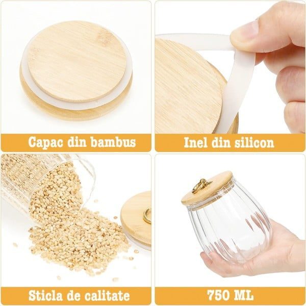 Set 3 recipiente cu capac bambus Quasar & Co.®., model rotund, agatatoare finisaj auriu/vintage, borcane cu capac etans, sticla/bambus, 750 ml, transparent - imagine 8