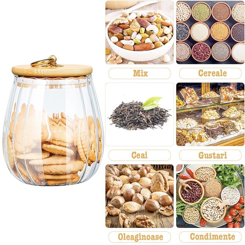 Set 3 recipiente cu capac bambus Quasar & Co.®., model rotund, agatatoare finisaj auriu/vintage, borcane cu capac etans, sticla/bambus, 750 ml, transparent 9