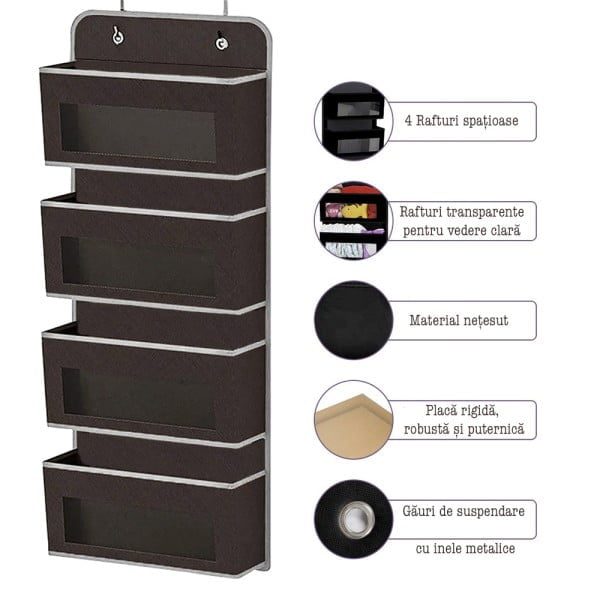 Organizator depozitare usa, Quasar & Co.®, 4 buzunare, universal, netesut intarit la baza, cu vizor, 96 x 33 x 11 cm, maro - imagine 6