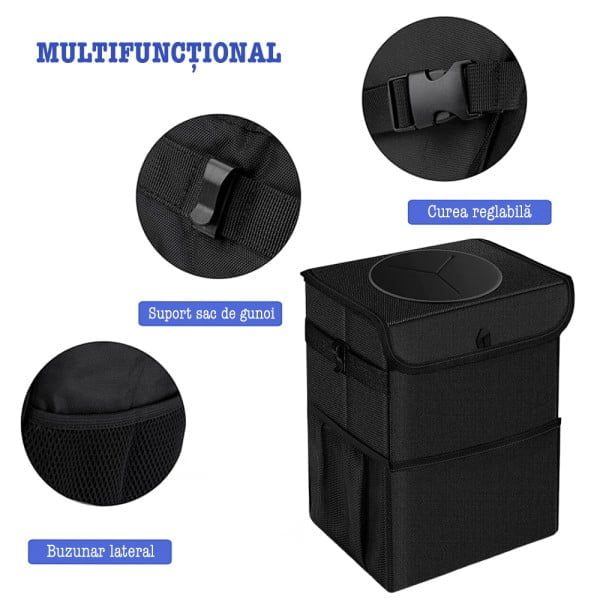 Cos gunoi auto, Quasar & Co.®, organizator masina, impermeabil, cu 2 buzunare depozitare, 16 x 16 x 24 cm, negru - imagine 4