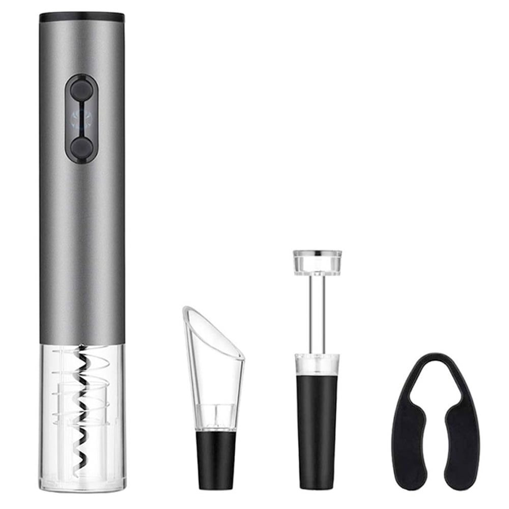 Set 4 piese accesorii pentru vin, Quasar & Co.®, tirbuson electric, dop vacuum, aerator, cutter folie, punga cadou, aluminiu/plastic, gri metalizat 2 Set 4 piese accesorii pentru vin, Quasar & Co.®, tirbuson electric, dop vacuum, aerator, cutter folie, punga cadou, aluminiu/plastic, gri metalizat 2