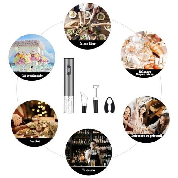 Set 4 piese accesorii pentru vin, Quasar & Co.®, tirbuson electric, dop vacuum, aerator, cutter folie, punga cadou, aluminiu/plastic, gri metalizat - imagine 10