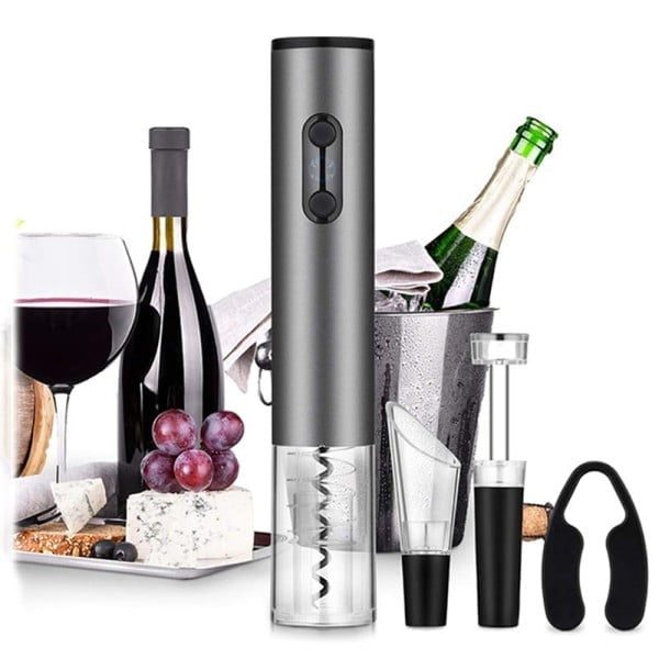 Set 4 piese accesorii pentru vin, Quasar & Co.®, tirbuson electric, dop vacuum, aerator, cutter folie, punga cadou, aluminiu/plastic, gri metalizat - imagine 11