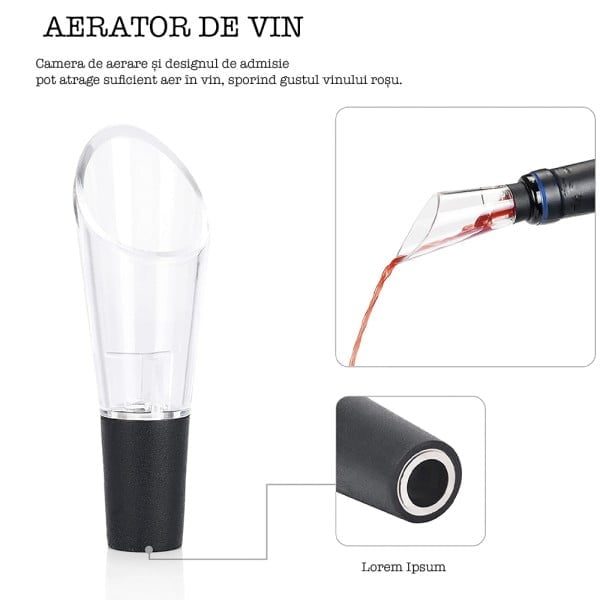Set 4 piese accesorii pentru vin, Quasar & Co.®, tirbuson electric, dop vacuum, aerator, cutter folie, punga cadou, aluminiu/plastic, gri metalizat - imagine 4