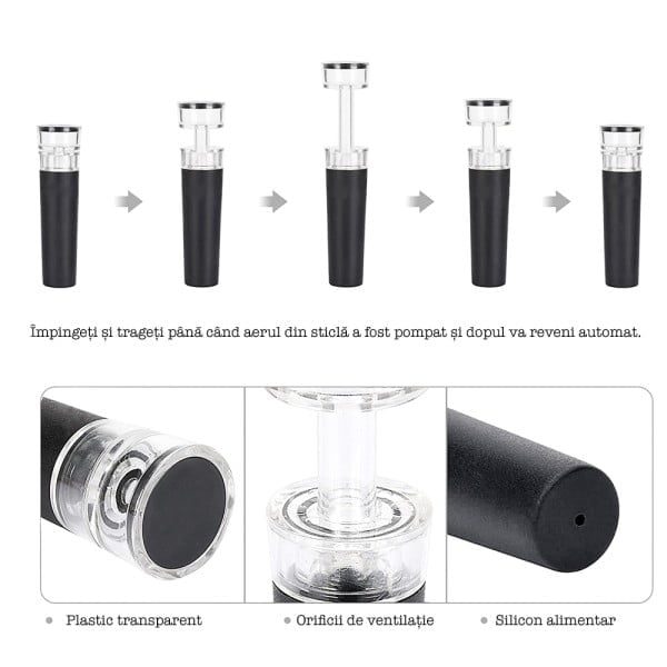 Set 4 piese accesorii pentru vin, Quasar & Co.®, tirbuson electric, dop vacuum, aerator, cutter folie, punga cadou, aluminiu/plastic, gri metalizat - imagine 5