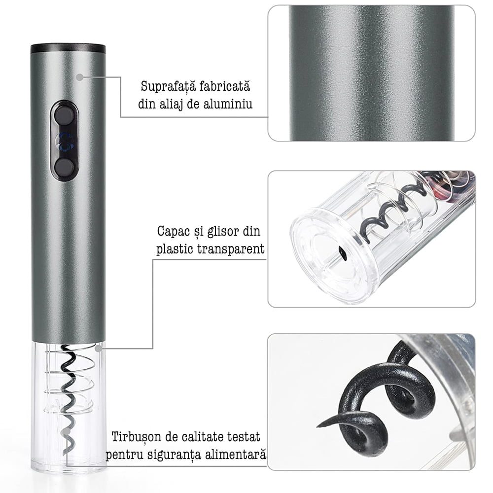 Set 4 piese accesorii pentru vin, Quasar & Co.®, tirbuson electric, dop vacuum, aerator, cutter folie, punga cadou, aluminiu/plastic, gri metalizat 7 Set 4 piese accesorii pentru vin, Quasar & Co.®, tirbuson electric, dop vacuum, aerator, cutter folie, punga cadou, aluminiu/plastic, gri metalizat 7