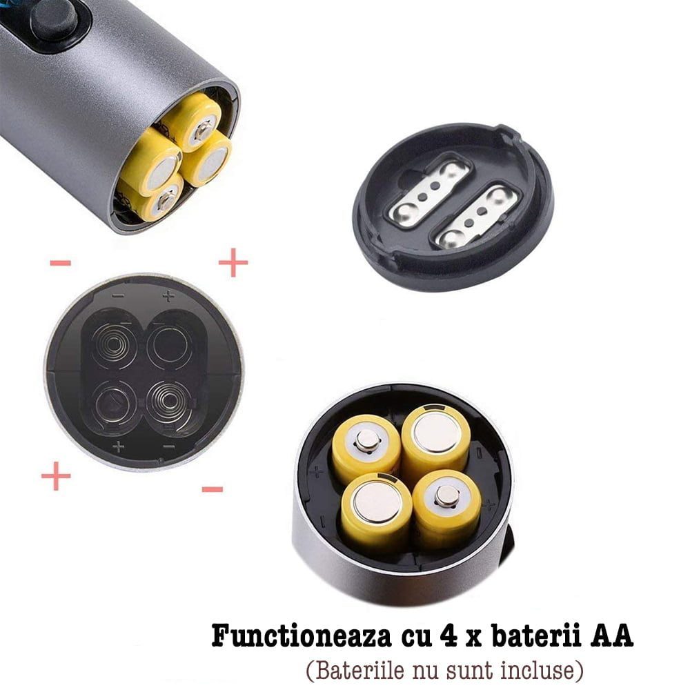 Set 4 piese accesorii pentru vin, Quasar & Co.®, tirbuson electric, dop vacuum, aerator, cutter folie, punga cadou, aluminiu/plastic, gri metalizat 8 Set 4 piese accesorii pentru vin, Quasar & Co.®, tirbuson electric, dop vacuum, aerator, cutter folie, punga cadou, aluminiu/plastic, gri metalizat 8