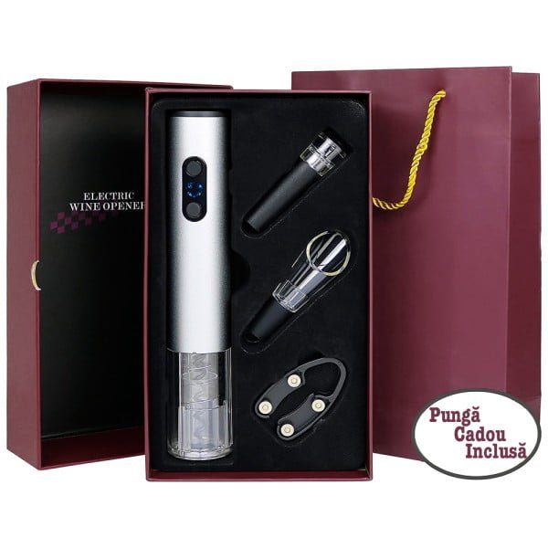 Set 4 piese accesorii pentru vin, Quasar & Co.®, tirbuson electric, dop vacuum, aerator, cutter folie, punga cadou, aluminiu/plastic, gri metalizat - imagine 9