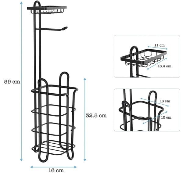 Suport hartie igienica, Quasar & Co.®, cu raft depozitare si raft servetele umede, patrat, 16 x 15 x 59 cm, metal, negru - imagine 3