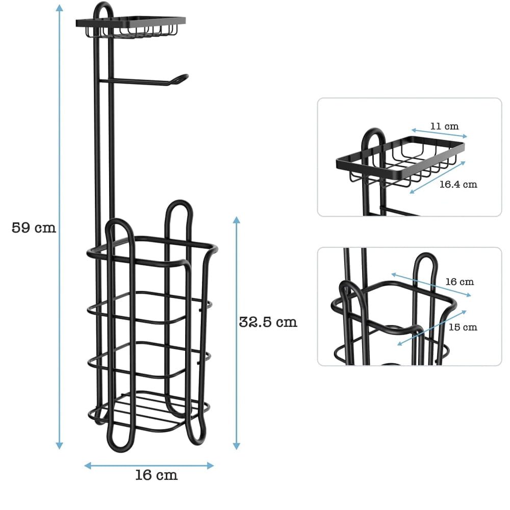 Suport hartie igienica, Quasar & Co.®, cu raft depozitare si raft servetele umede, patrat, 16 x 15 x 59 cm, metal, negru 3 Suport hartie igienica, Quasar & Co.®, cu raft depozitare si raft servetele umede, patrat, 16 x 15 x 59 cm, metal, negru 3