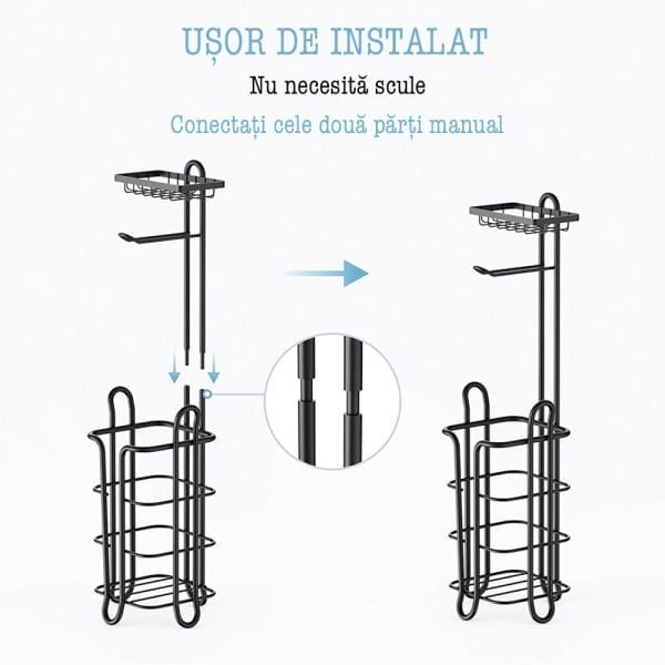 Suport hartie igienica, Quasar & Co.®, cu raft depozitare si raft servetele umede, patrat, 16 x 15 x 59 cm, metal, negru - imagine 4
