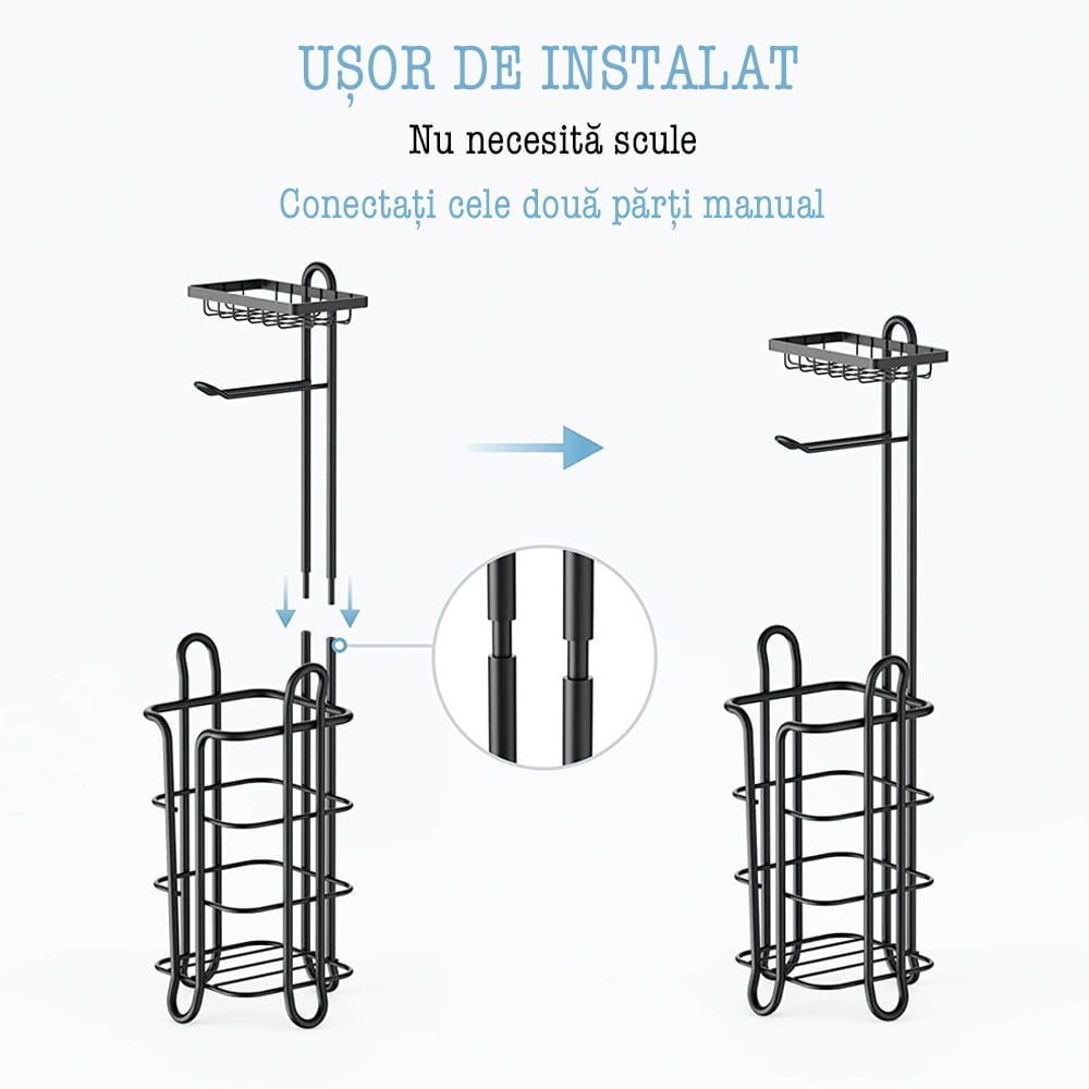 Suport hartie igienica, Quasar & Co.®, cu raft depozitare si raft servetele umede, patrat, 16 x 15 x 59 cm, metal, negru 4 Suport hartie igienica, Quasar & Co.®, cu raft depozitare si raft servetele umede, patrat, 16 x 15 x 59 cm, metal, negru 4