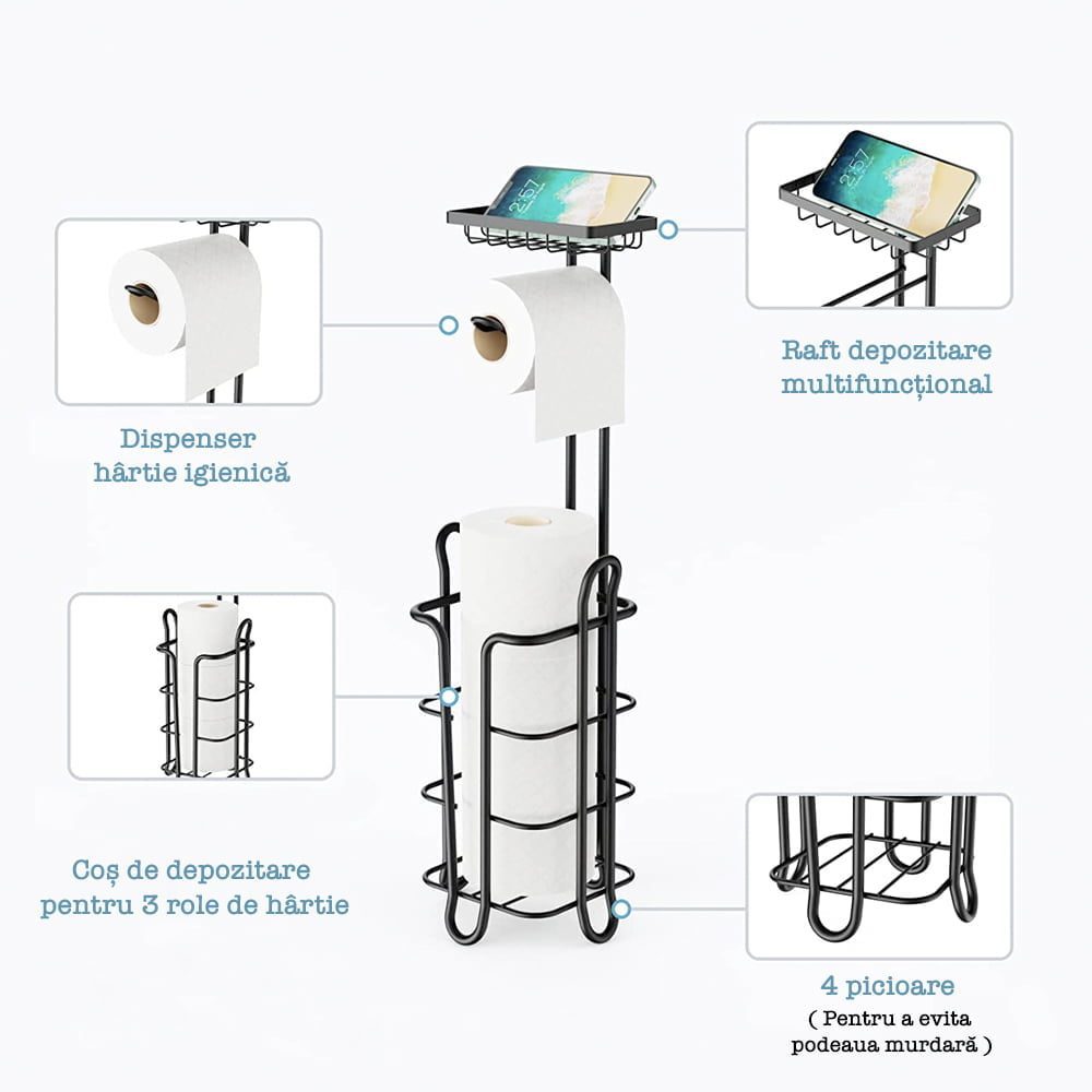Suport hartie igienica, Quasar & Co.®, cu raft depozitare si raft servetele umede, patrat, 16 x 15 x 59 cm, metal, negru 6 Suport hartie igienica, Quasar & Co.®, cu raft depozitare si raft servetele umede, patrat, 16 x 15 x 59 cm, metal, negru 6