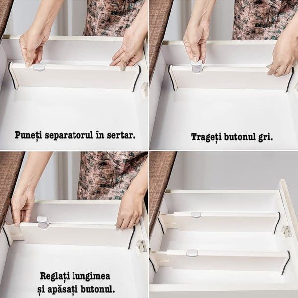 Set 4 organizatoare reglabile pentru sertar, Quasar & Co.®, pentru baie/bucatarie/dormitor, sistem antialunecare, sistem blocare, extensibile, h 10 cm, 38-54 cm, plastic, alb - imagine 4