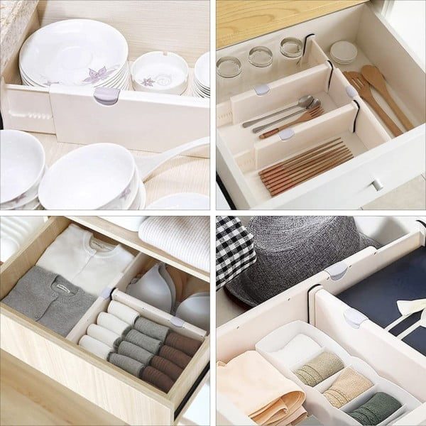 Set 4 organizatoare reglabile pentru sertar, Quasar & Co.®, pentru baie/bucatarie/dormitor, sistem antialunecare, sistem blocare, extensibile, h 10 cm, 38-54 cm, plastic, alb - imagine 5