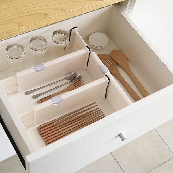 Set 4 organizatoare reglabile pentru sertar, Quasar & Co.®, pentru baie/bucatarie/dormitor, sistem antialunecare, sistem blocare, extensibile, h 10 cm, 38-54 cm, plastic, alb - imagine 6