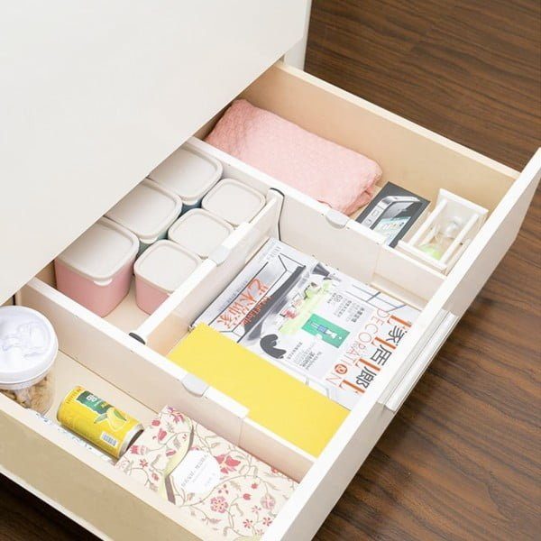Set 4 organizatoare reglabile pentru sertar, Quasar & Co.®, pentru baie/bucatarie/dormitor, sistem antialunecare, sistem blocare, extensibile, h 10 cm, 38-54 cm, plastic, alb - imagine 9