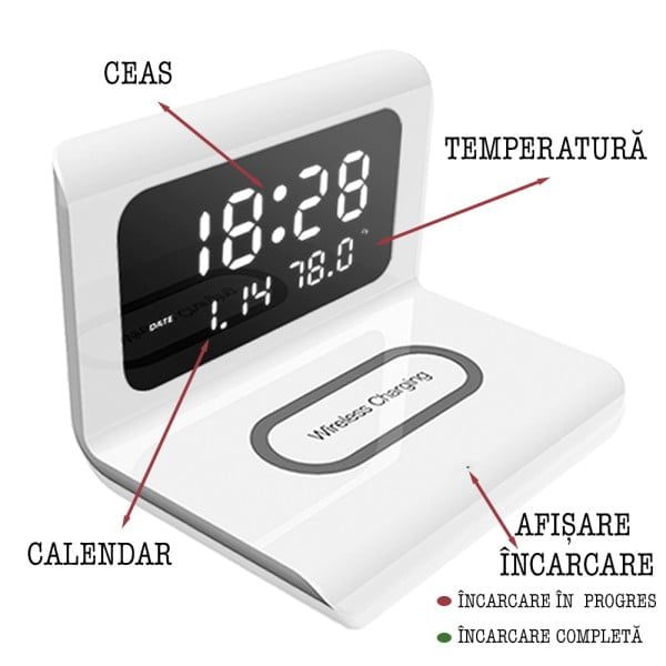 Ceas digital cu statie de incarcare wireless, Quasar & Co.®, cu data, alarma si temperatura, 17 x 12 x 12,5 cm, alb - imagine 3
