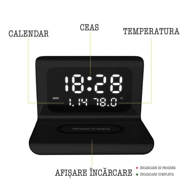 Ceas digital cu statie de incarcare wireless, Quasar & Co.®, cu data, alarma si temperatura, 17 x 12 x 12,5 cm, negru - imagine 3