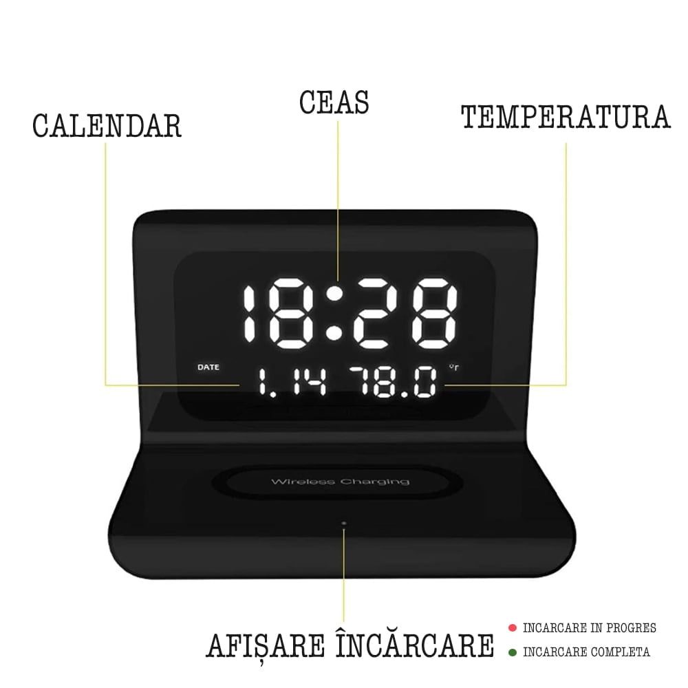 Ceas digital cu statie de incarcare wireless, Quasar & Co.®, cu data, alarma si temperatura, 17 x 12 x 12,5 cm, negru 3