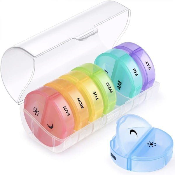 Cutie organizator medicamente, Quasar & Co.®, 7 zile, 14 compartimente mari, cutie suport, 14 x 6,5 x 6 cm, multicolor Cutii depozitare medicamente 2024-10-29 2