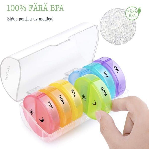 Cutie organizator medicamente, Quasar & Co.®, 7 zile, 14 compartimente mari, cutie suport, 14 x 6,5 x 6 cm, multicolor - imagine 5