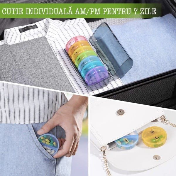 Cutie organizator medicamente, Quasar & Co.®, 7 zile, 14 compartimente mari, cutie suport, 14 x 6,5 x 6 cm, gri cenusiu transparent - imagine 6