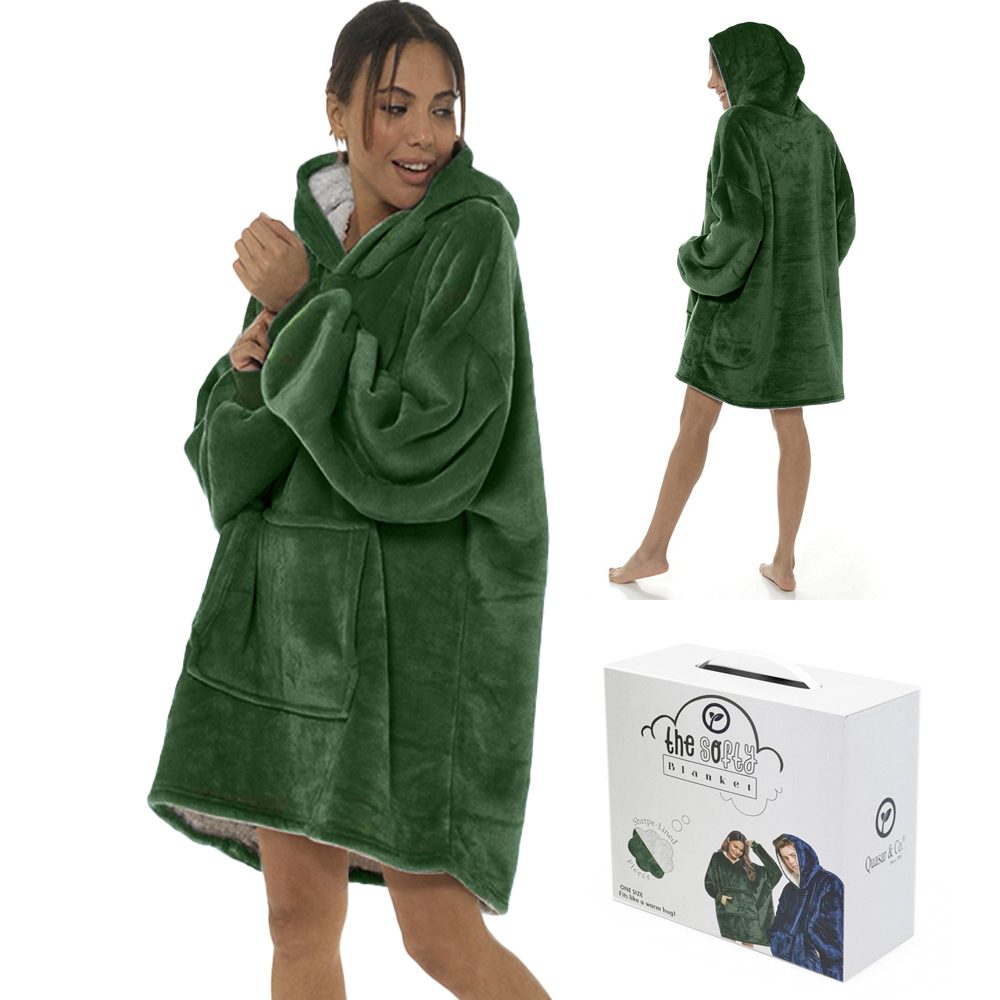 42041062-1 Patura cu maneci, Quasar & Co.®, gluga si buzunar, fleece captusit cu blana, poliester, marime universala, verde