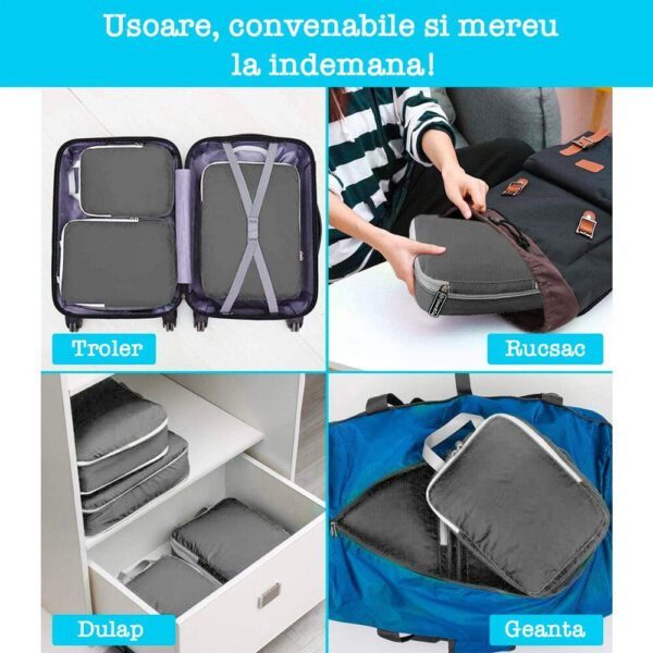 Set 3 huse organizare bagaj, Quasar & Co.®, impermeabile, sistem compresie/extensie cu fermoar, gri - imagine 8