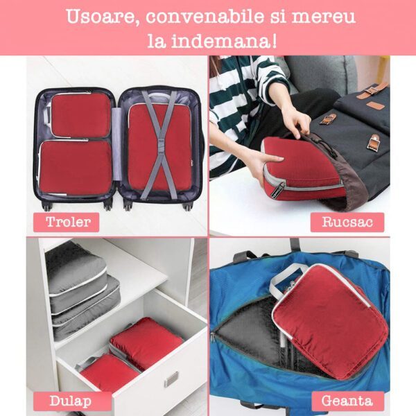 Set 3 huse organizare bagaj, Quasar & Co.®, impermeabile, sistem compresie/extensie cu fermoar, rosu - imagine 8