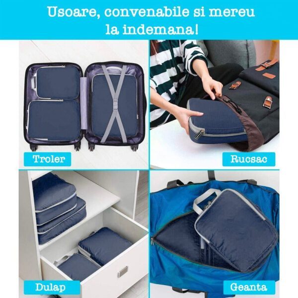 Set 6 huse organizare bagaj, Quasar & Co.®, impermeabile, sistem compresie/extensie cu fermoar, bleumarin - imagine 4