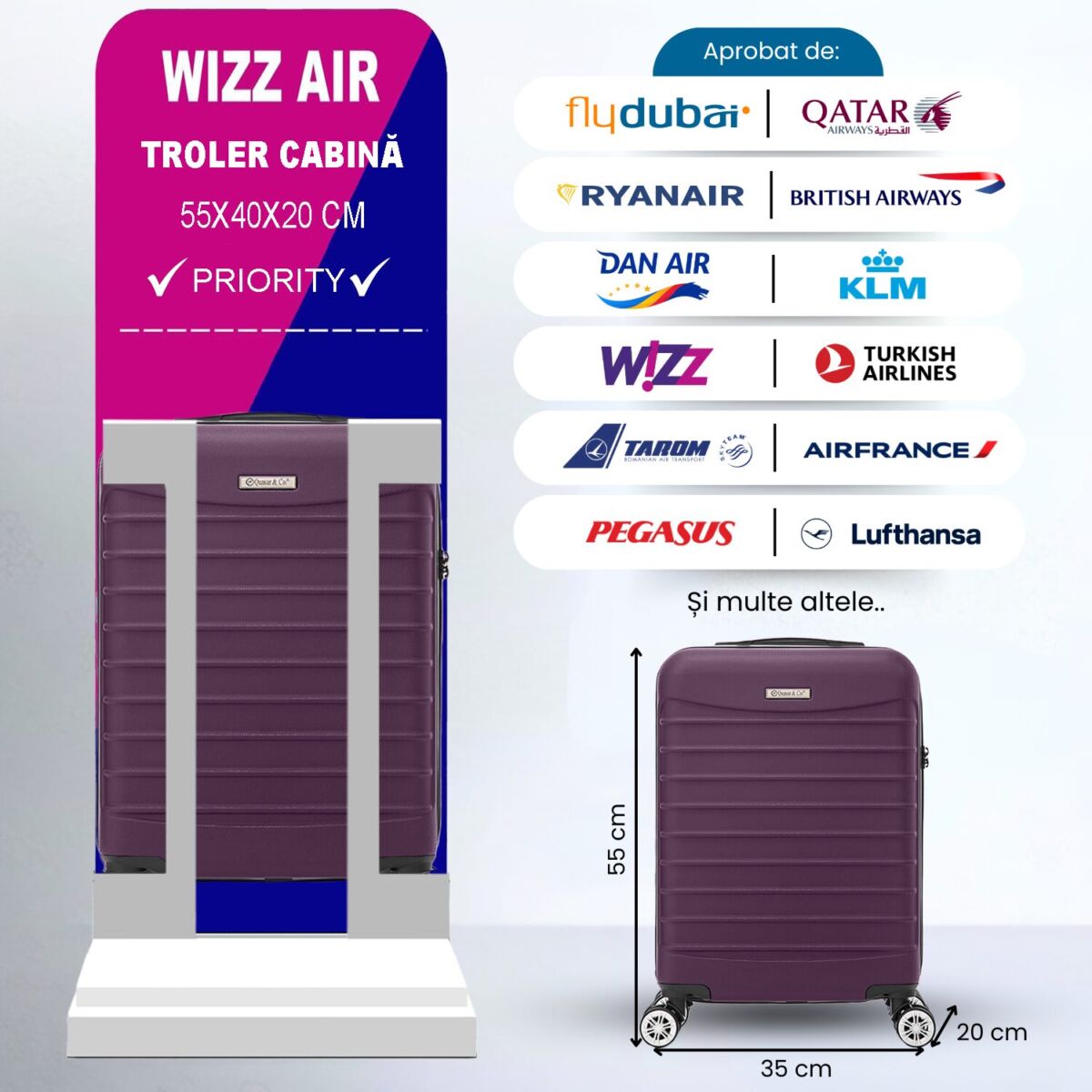 Troler cabina avion Quasar & Co.®, 55x36x20cm, bagaj de mana, troller cu fermoar antifurt, cifru, maner telescopic lung, geamantan cu 4 roti duble silentioase 360°, valiza ABS 2.8 mm, rezistent, 2 compartimente cu buzunar, 10kg, LINE, mov 2