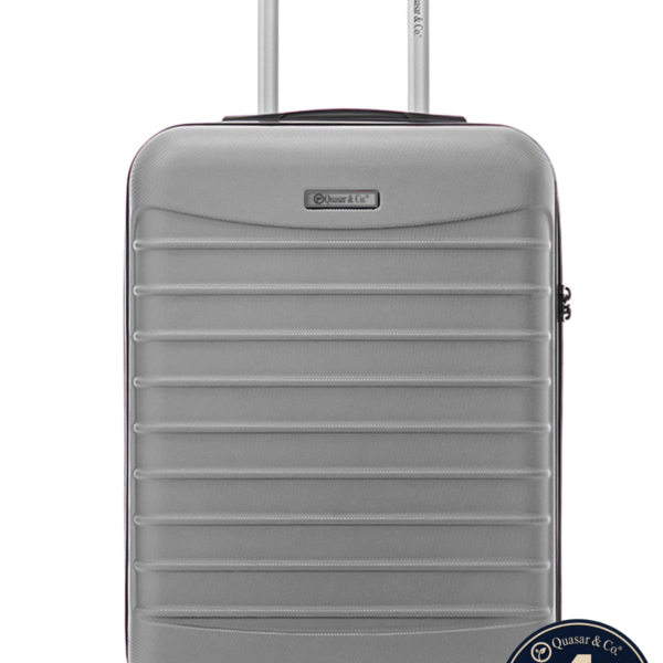 Troler cabina avion Quasar & Co.®, 55x38x21cm, bagaj de mana, troller cu fermoar antifurt, cifru, maner telescopic lung, geamantan cu 4 roti duble silentioase 360°, valiza ABS 2.8 mm, rezistent, 2 compartimente cu buzunar, 10kg, LINE, argintiu