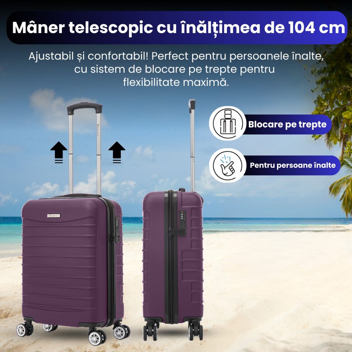 Troler cabina avion Quasar & Co.®, 55x36x20cm, bagaj de mana, troller cu fermoar antifurt, cifru, maner telescopic lung, geamantan cu 4 roti duble silentioase 360°, valiza ABS 2.8 mm, rezistent, 2 compartimente cu buzunar, 10kg, LINE, mov 4