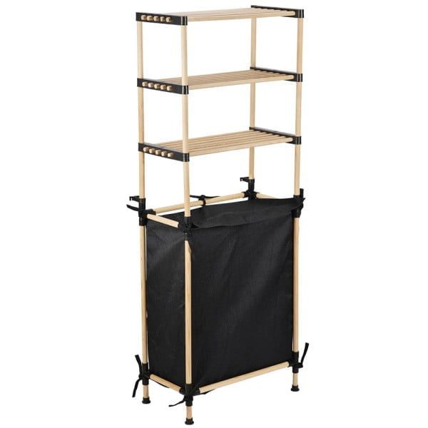 Raft modular universal, Quasar & Co.®, etajera 3 polite si cos de rufe, lemn, 57 x 28 x 141 cm, natur - imagine 1