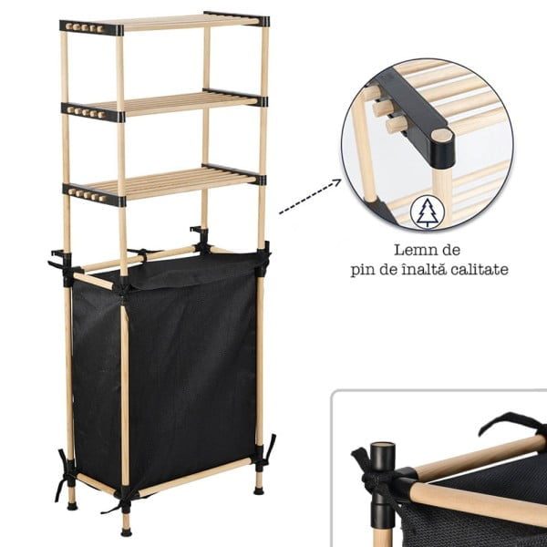 Raft modular universal, Quasar & Co.®, etajera 3 polite si cos de rufe, lemn, 57 x 28 x 141 cm, natur - imagine 3
