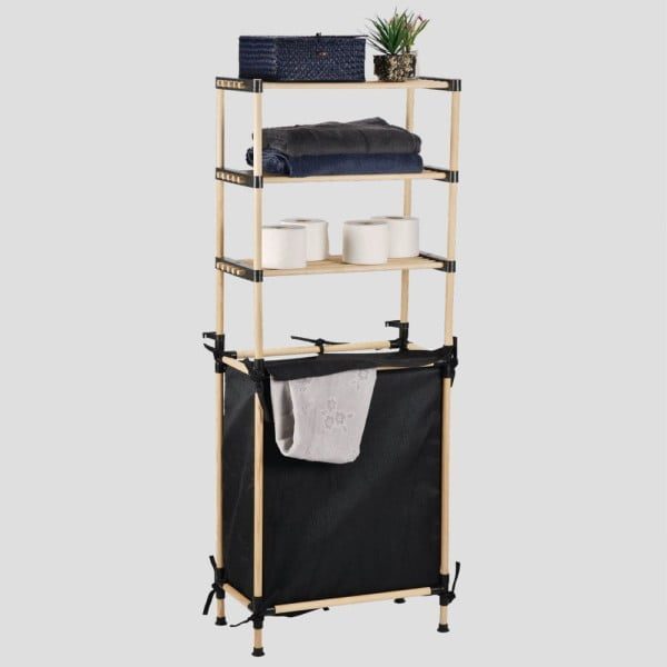 Raft modular universal, Quasar & Co.®, etajera 3 polite si cos de rufe, lemn, 57 x 28 x 141 cm, natur - imagine 6