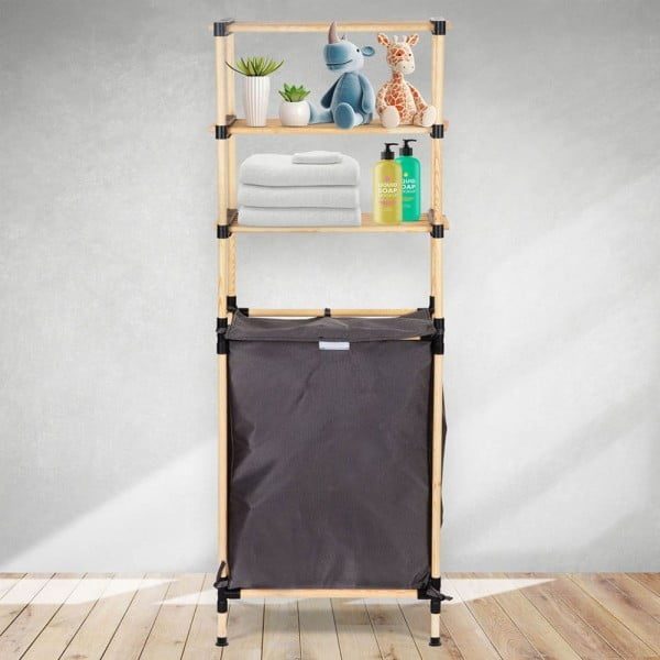 Raft modular universal, Quasar & Co.®, etajera 3 polite si cos de rufe, lemn, 57 x 28 x 141 cm, natur - imagine 5