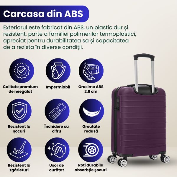 Troler cabina avion Quasar & Co.®, 55x36x20cm, bagaj de mana, troller cu fermoar antifurt, cifru, maner telescopic lung, geamantan cu 4 roti duble silentioase 360°, valiza ABS 2.8 mm, rezistent, 2 compartimente cu buzunar, 10kg, LINE, mov - imagine 5