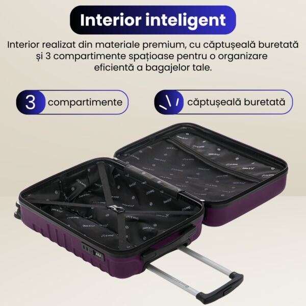 Troler cabina avion Quasar & Co.®, 55x36x20cm, bagaj de mana, troller cu fermoar antifurt, cifru, maner telescopic lung, geamantan cu 4 roti duble silentioase 360°, valiza ABS 2.8 mm, rezistent, 2 compartimente cu buzunar, 10kg, LINE, mov - imagine 6
