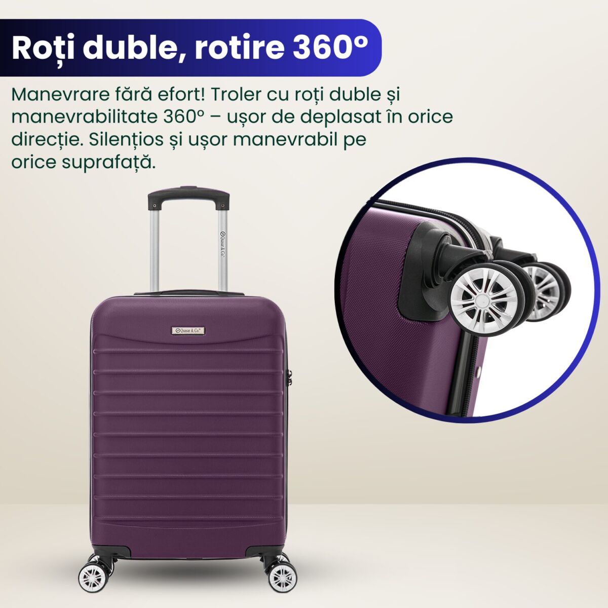 Troler cabina avion Quasar & Co.®, 55x36x20cm, bagaj de mana, troller cu fermoar antifurt, cifru, maner telescopic lung, geamantan cu 4 roti duble silentioase 360°, valiza ABS 2.8 mm, rezistent, 2 compartimente cu buzunar, 10kg, LINE, mov 7