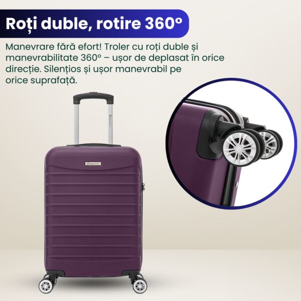 Troler cabina avion Quasar & Co.®, 55x36x20cm, bagaj de mana, troller cu fermoar antifurt, cifru, maner telescopic lung, geamantan cu 4 roti duble silentioase 360°, valiza ABS 2.8 mm, rezistent, 2 compartimente cu buzunar, 10kg, LINE, mov - imagine 7