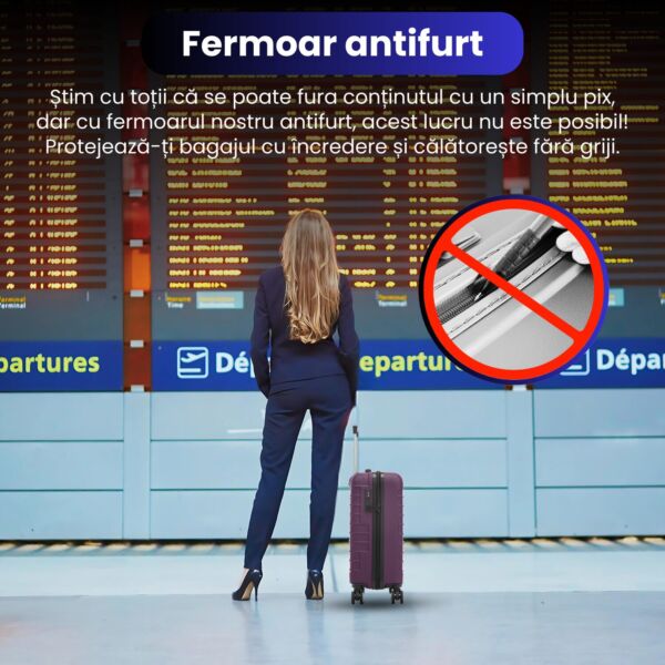 Troler cabina avion Quasar & Co.®, 55x36x20cm, bagaj de mana, troller cu fermoar antifurt, cifru, maner telescopic lung, geamantan cu 4 roti duble silentioase 360°, valiza ABS 2.8 mm, rezistent, 2 compartimente cu buzunar, 10kg, LINE, mov - imagine 8