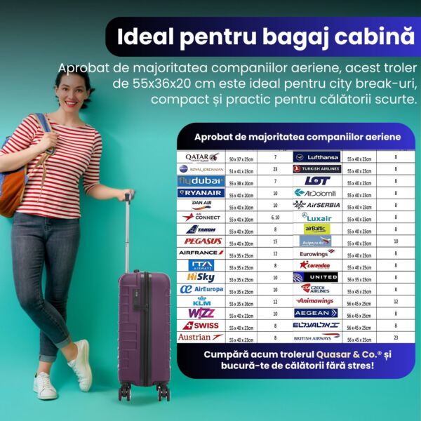 Troler cabina avion Quasar & Co.®, 55x36x20cm, bagaj de mana, troller cu fermoar antifurt, cifru, maner telescopic lung, geamantan cu 4 roti duble silentioase 360°, valiza ABS 2.8 mm, rezistent, 2 compartimente cu buzunar, 10kg, LINE, mov - imagine 10